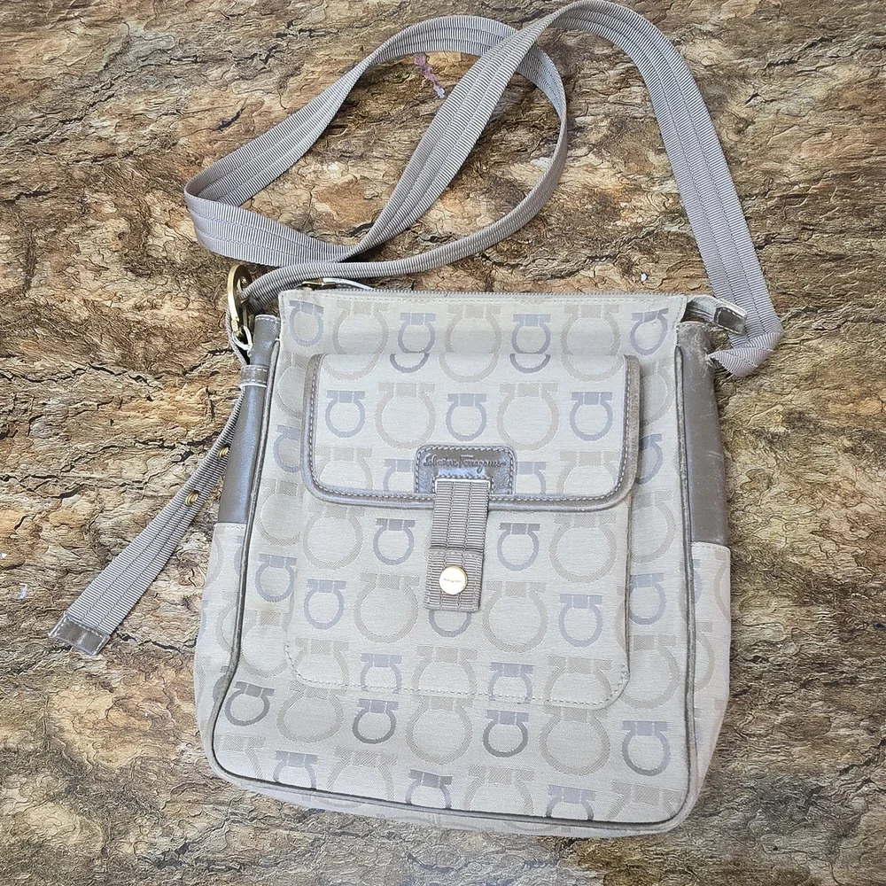 Salvatore Ferragamo Monogram Crossbody Bag Gancini Print Canvas Leather Trim